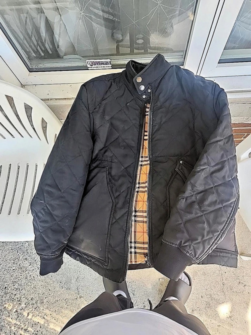 Burberry Quilted Plaid-Lined Jacket in Black & Tan